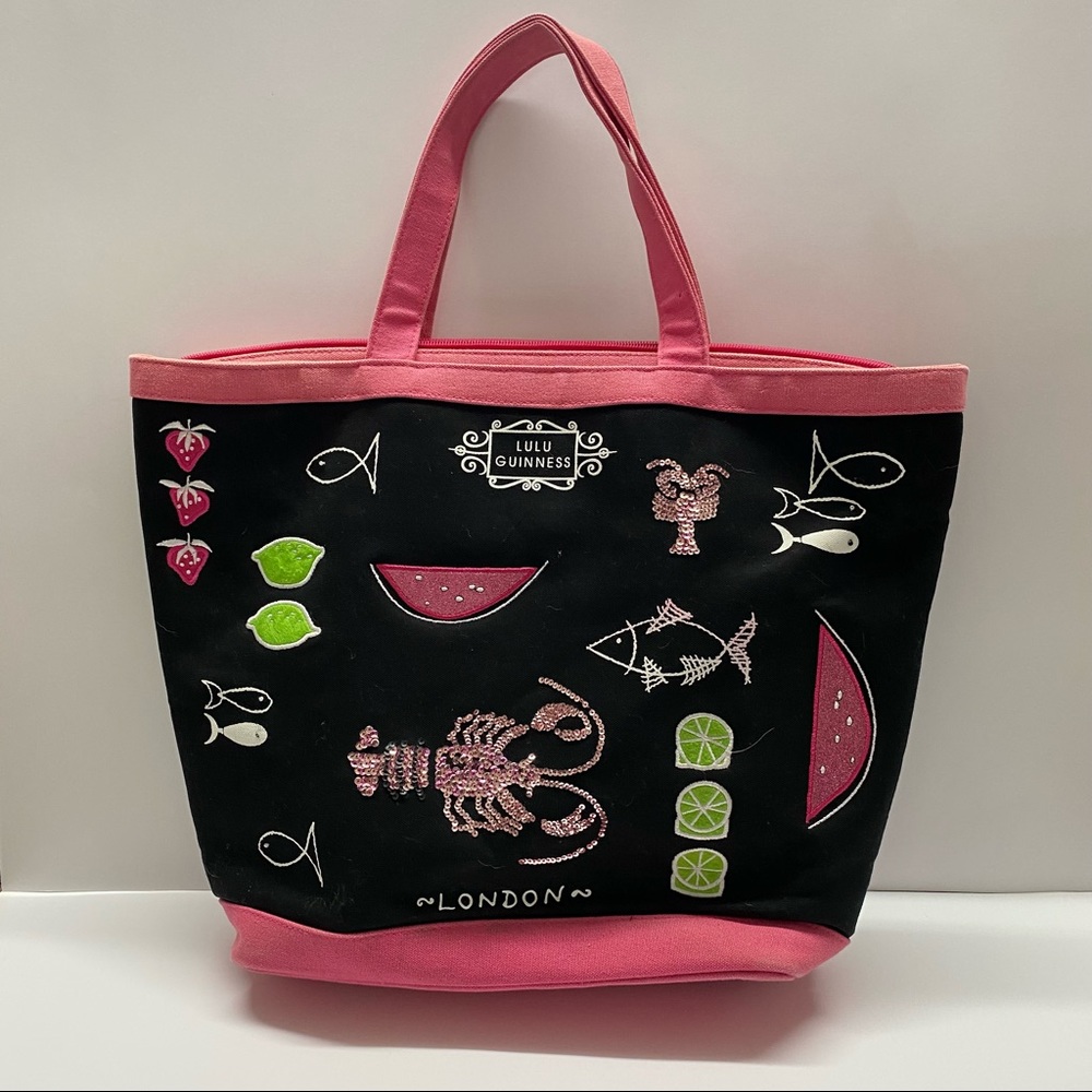 LuLu Guinness Embellished Embroidered Sequined Black Pink Large Tote